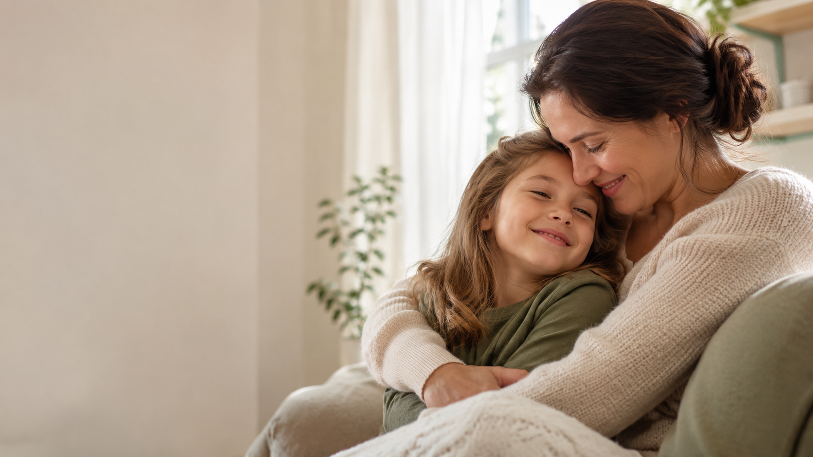 Mãe abraçando a filha sorrindo em casa, transmitindo acolhimento